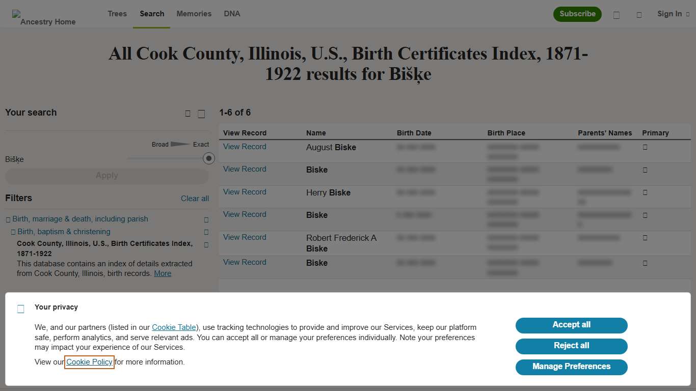 Bišķe - Cook County, Illinois, U.S., Birth Certificates Index, 1871-1922 - Ancestry.com